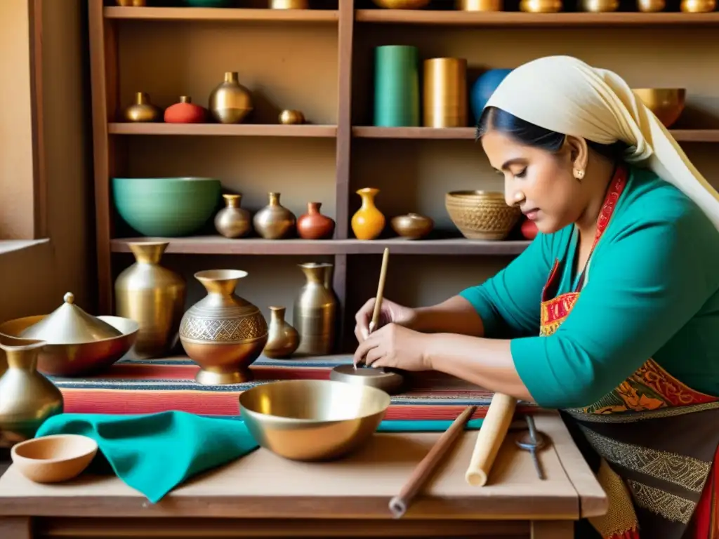 Artesanía tradicional en la era digital: Fotografía vintage de artesanos trabajando en sus creaciones, rodeados de herramientas, materiales y textiles coloridos, resaltados por una cálida iluminación natural