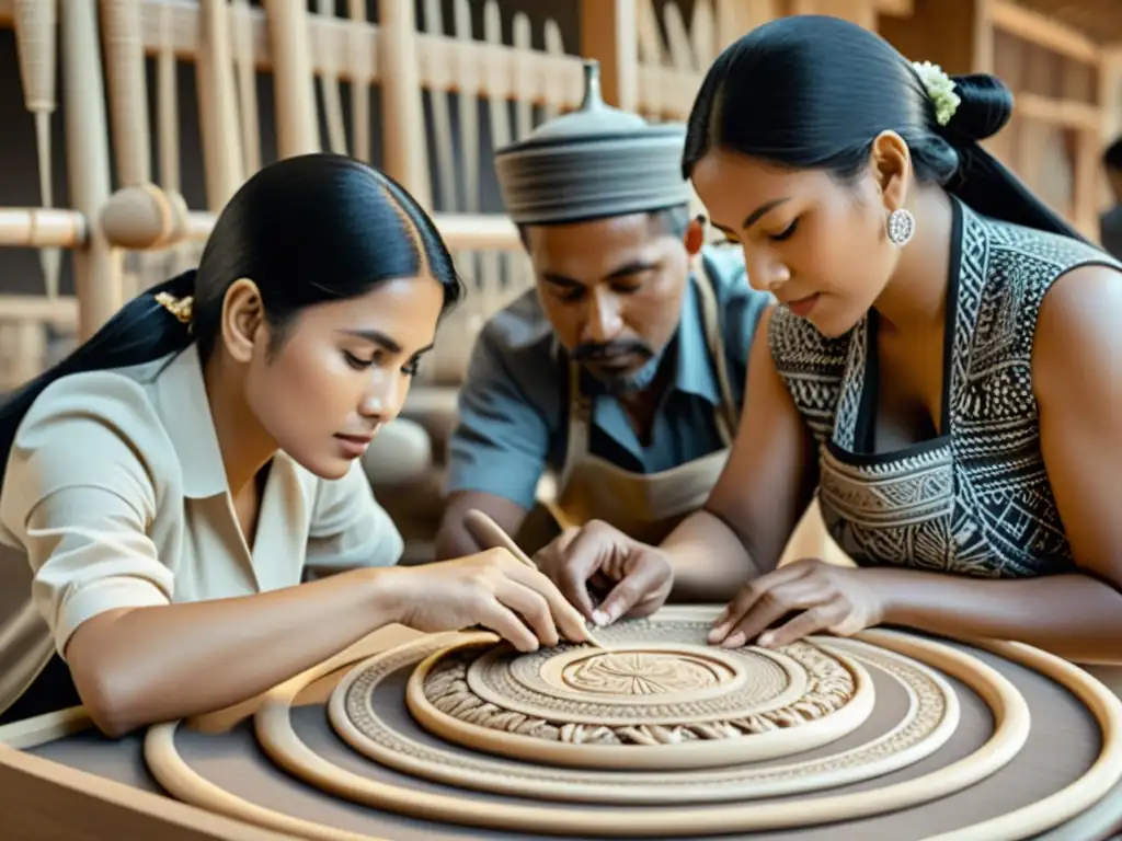 Artesanía tradicional en la era digital: Artesanos de distintas culturas colaboran en una obra, fusionando técnicas tradicionales con modernas