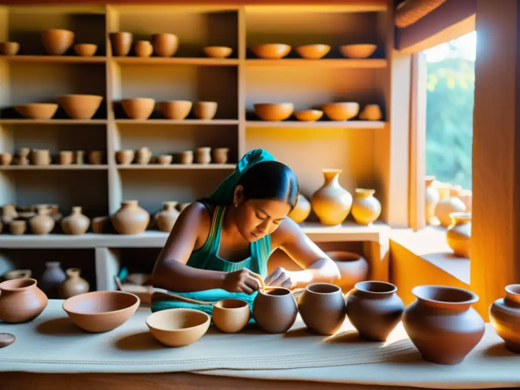 Artesanía tradicional en la era digital: Artesanos tallando con destreza patrones en la cerámica, bajo la cálida luz del sol