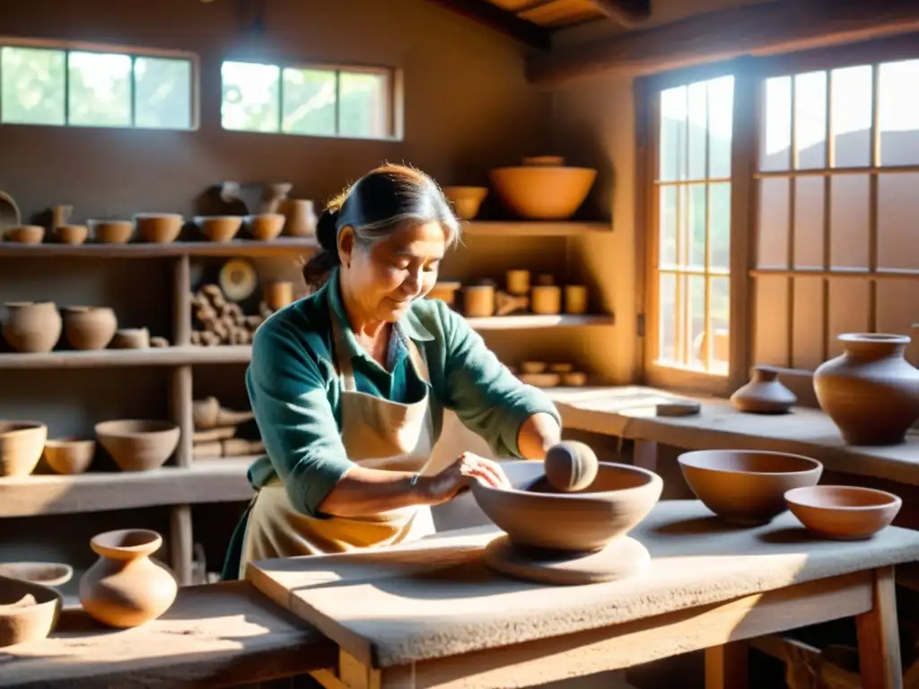 Artesanía tradicional en la era digital: Taller antiguo con alfarero moldeando arcilla en torno rodeado de herramientas y productos artesanales