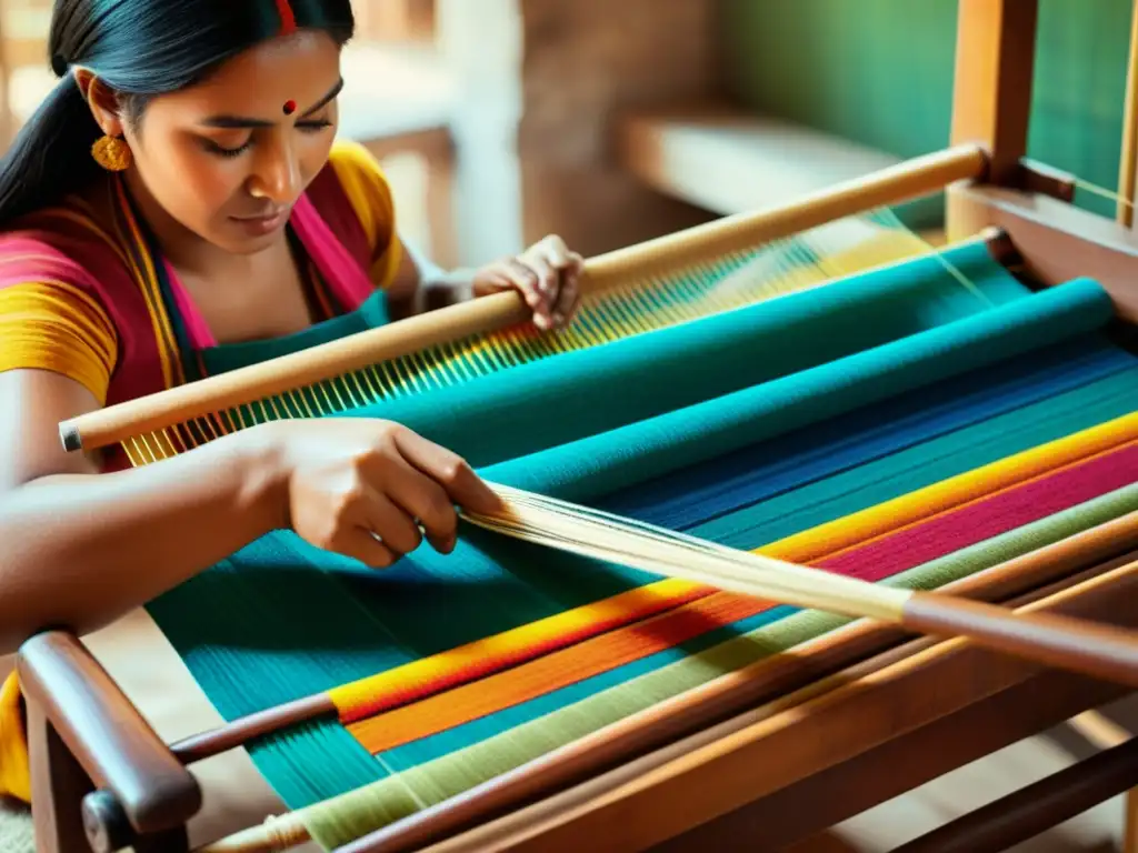 Tejedora artesana crea hermoso textil en telar de madera Artesanía tradicional en la era digital: tejedora crea un textil vibrante en telar de madera, con patrones intrincados y expresión concentrada
