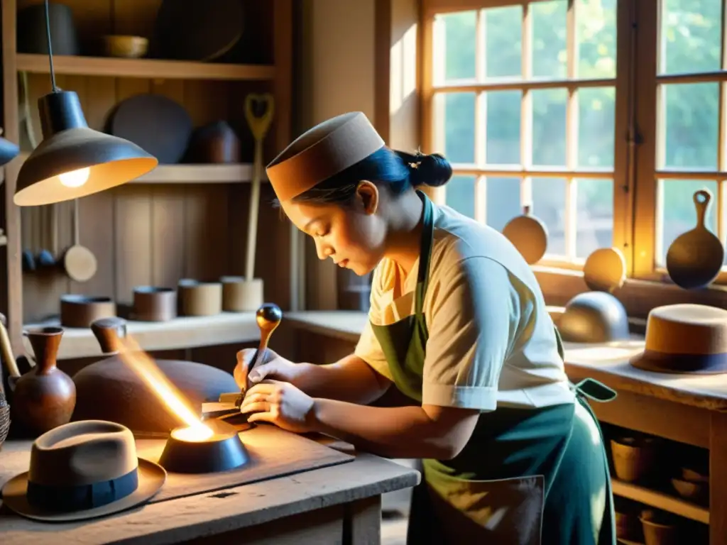 Artesanía tradicional y diseño asistido se fusionan en un taller de sombreros, donde el sol ilumina la madera y las herramientas antiguas