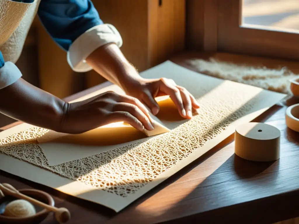 Artesanía tradicional: elaboración de papel con fibras naturales y técnicas ancestrales, destacando texturas e impresiones 3D