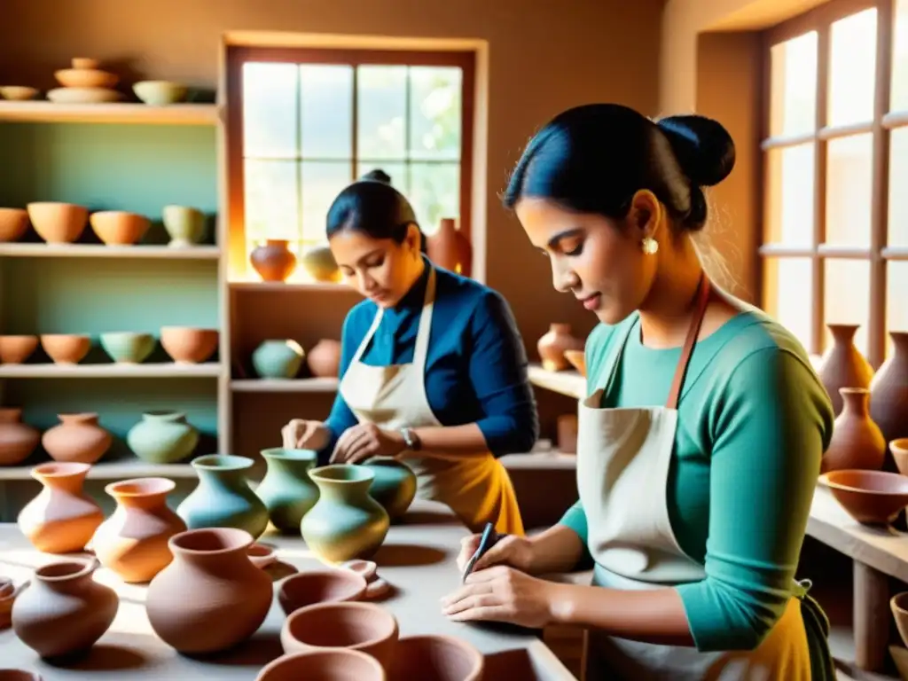 Artesanía tradicional y solidaridad social en un taller vintage con cerámica hecha a mano, artesanos colaborando en un ambiente cálido y creativo