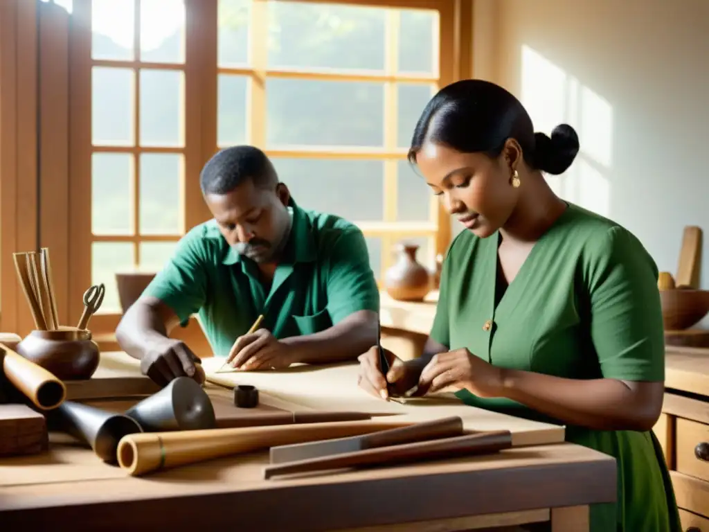 Artesanía tradicional y tecnología verde: Artesanos expertos trabajan en un estudio soleado, rodeados de herramientas vintage y materiales sostenibles