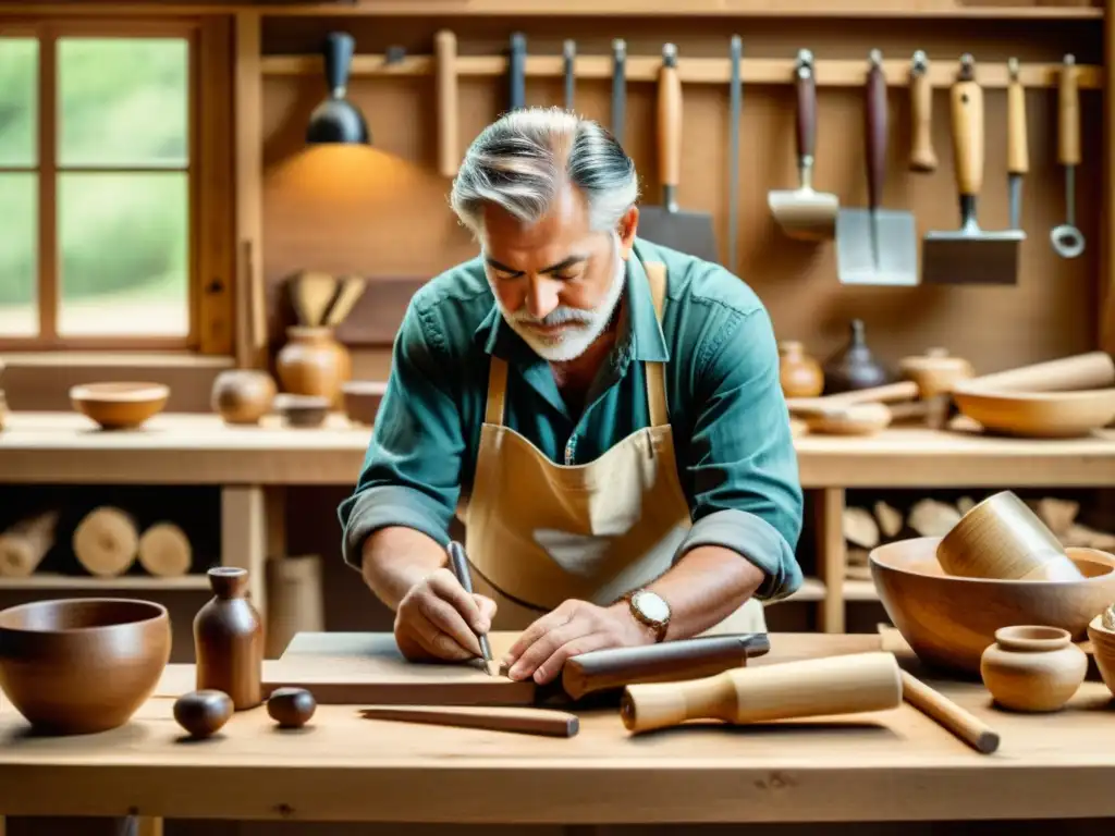 Artesanía tradicional y tecnología verde: Un artesano trabajando con herramientas de madera en un entorno cálido y nostálgico