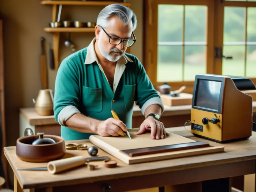 Un artesano crea accesorios artesanales con diseño asistido por CAD en una imagen vintage de cálida artesanía y moderna tecnología