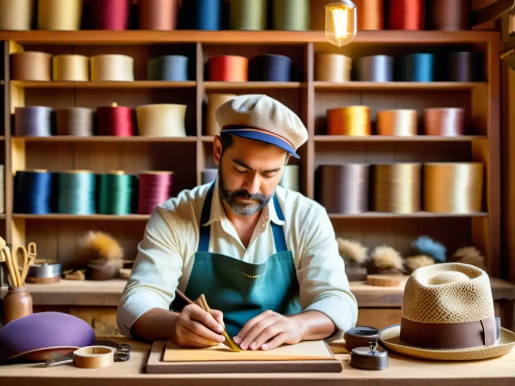 Artesano en una acogedora sombrerería tradicional adaptada a redes, creando un sombrero meticuloso rodeado de herramientas y materiales vintage