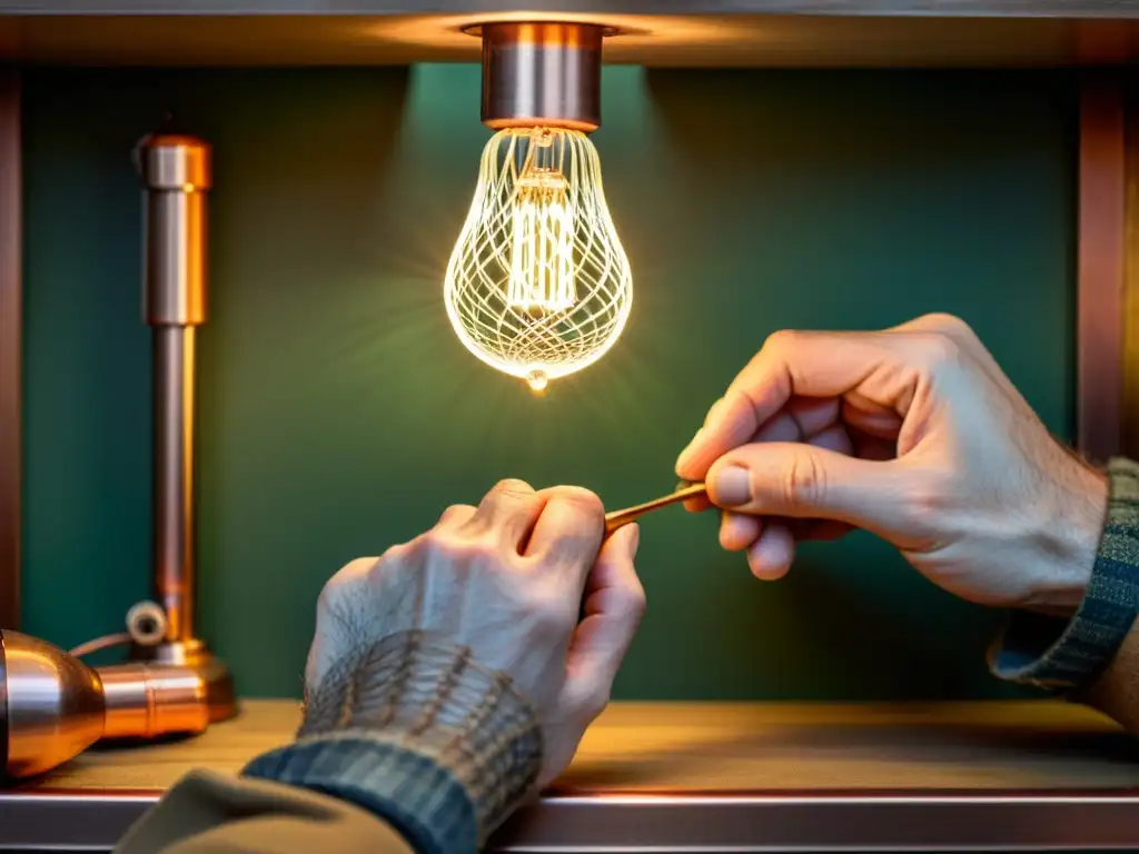 Un artesano teje delicadamente alambre de cobre alrededor de un LED, iluminando su trabajo con un cálido resplandor