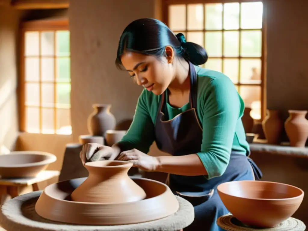 Un artesano alfarero moldea arcilla en un taller tradicional