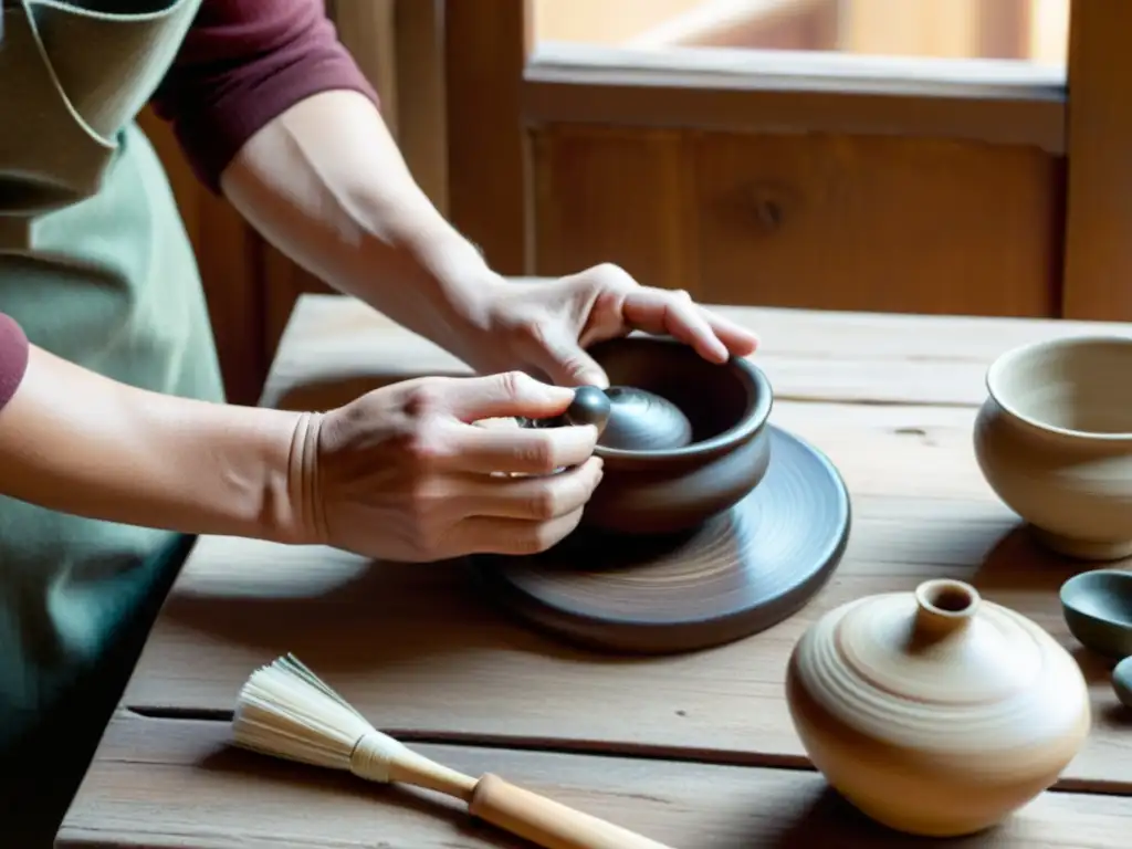 Un artesano dispone con amor y precisión sus creaciones artesanales en una mesa de madera, iluminado por una suave luz natural