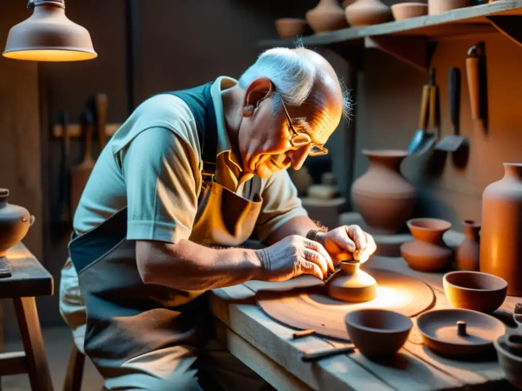 Artesano anciano moldeando cerámica en su taller, iluminado por una cálida bombilla Edison