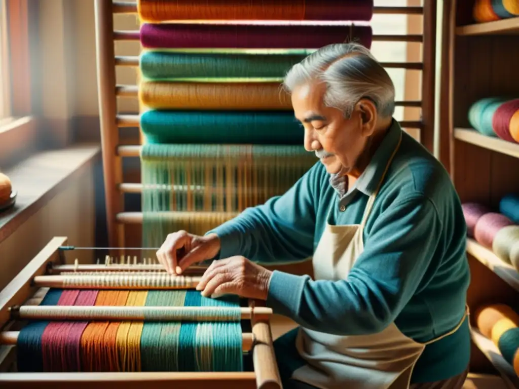 Un artesano anciano teje con cuidado hilos coloridos en un telar, rodeado de estanterías llenas de lana vibrante y textiles terminados