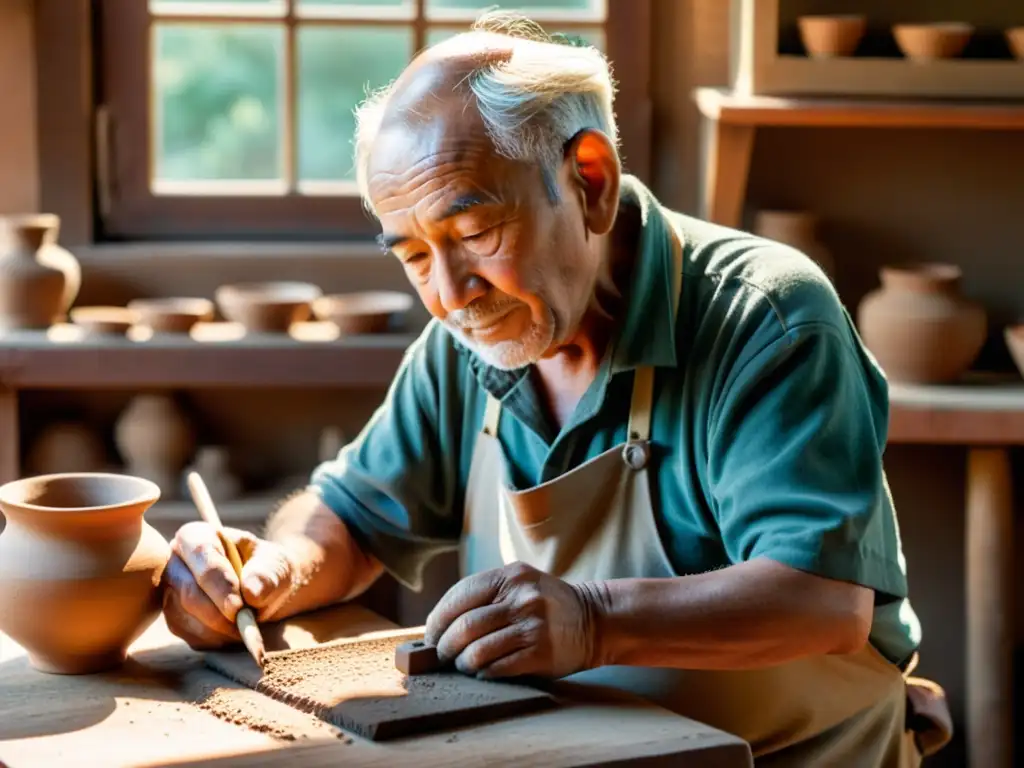 Un artesano anciano elabora con esmero una pieza de alfarería tradicional en su taller rústico, bañado por la cálida luz del sol