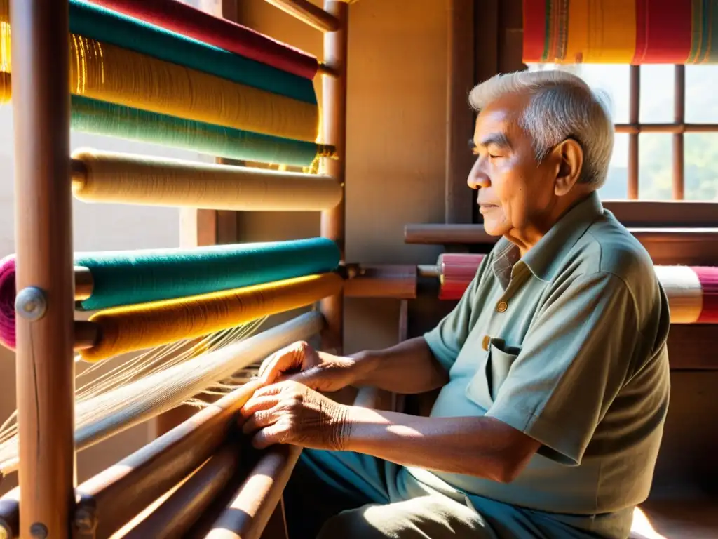 Artesano anciano tejiendo en telar de madera rodeado de hilos y textiles coloridos