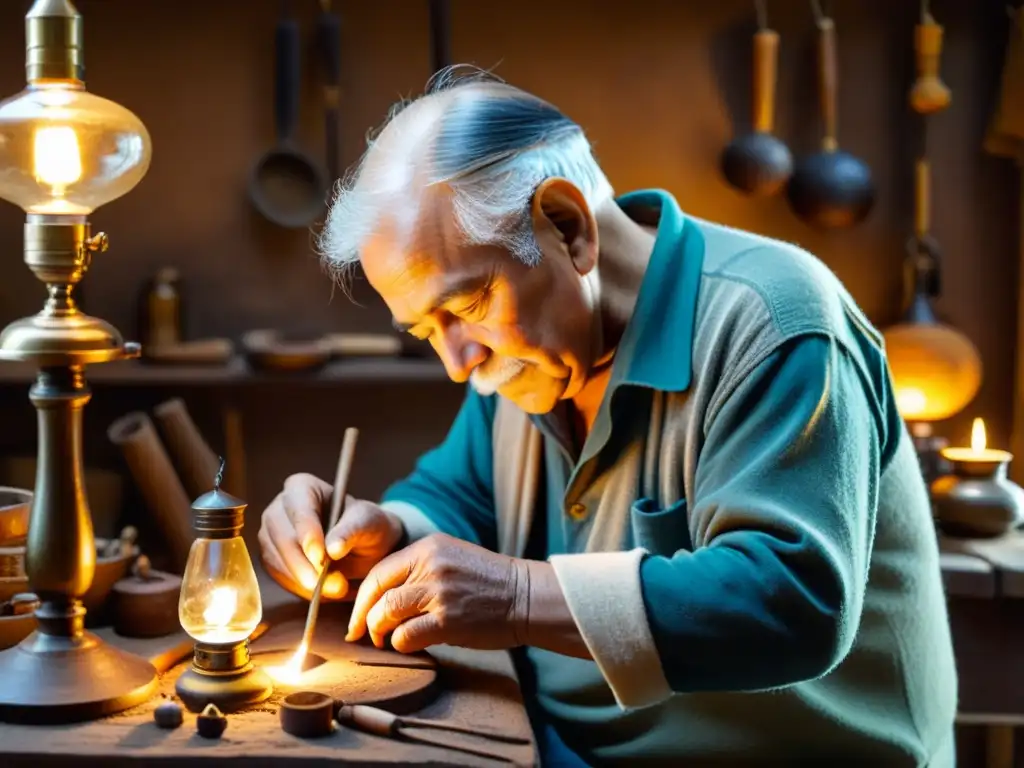 Artesano anciano en taller iluminado por lámpara de aceite, creando obra de arte con herramientas tradicionales, resistiendo impacto de la revolución digital en artesanía tradicional