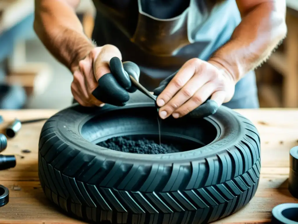 Un artesano con años de experiencia crea una obra detallada con neumáticos reciclados, mostrando la creatividad y el potencial de estos materiales