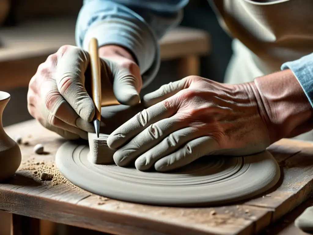 Artesano moldeando arcilla en banco de madera, evocando la economía circular artesanal y la comunidad tradicional