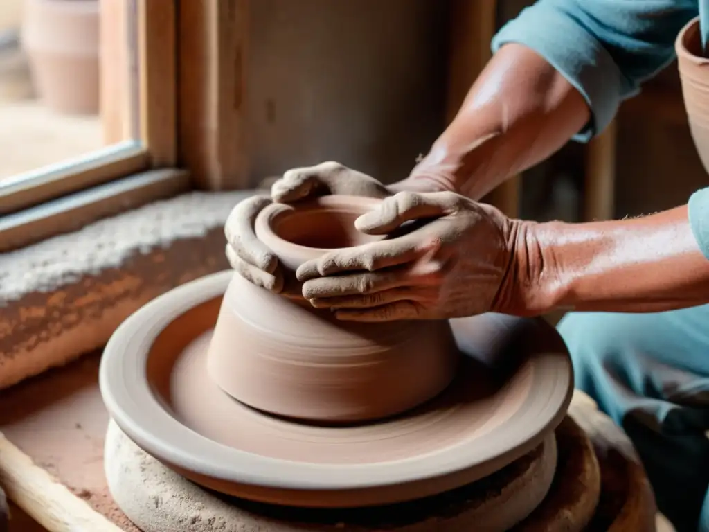 Un artesano moldea arcilla en un taller de alfarería tradicional, con las manos cubiertas de barro seco