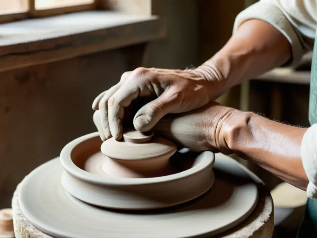 Un artesano modela arcilla en un torno de alfarería vintage