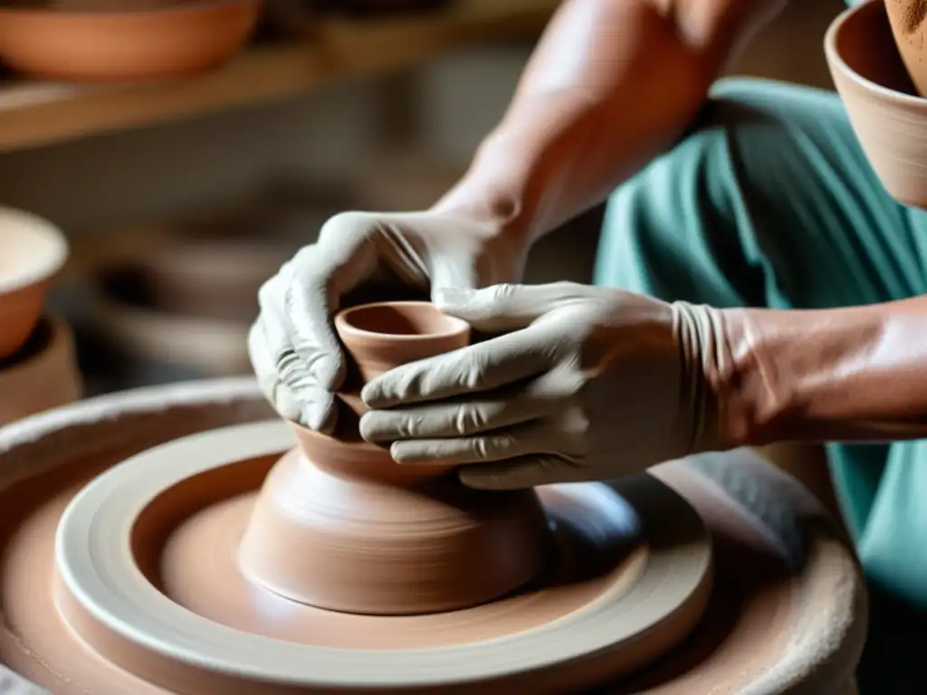 Artesano moldeando arcilla en torno alfarero, evocando la artesanía tradicional detrás del diseño de piezas cerámicas únicas