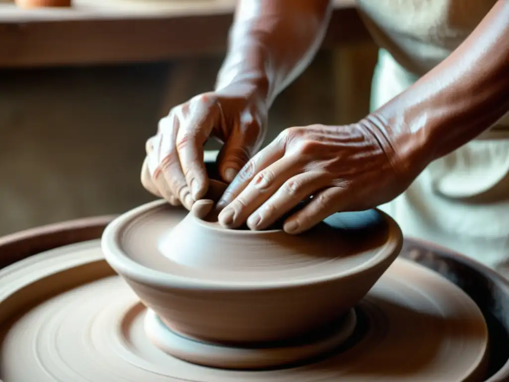 Artesano moldeando arcilla en torno alfarero, con detalles meticulosos y calidez vintage, evocando la impresión 3D en cerámica tradicional