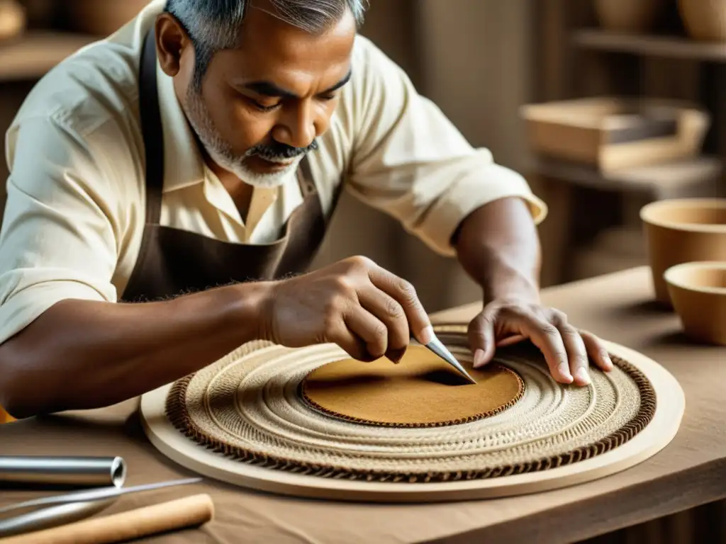 Artesano creando arte con materiales reciclados, reflejando tradición y sostenibilidad en cálidos tonos sepia