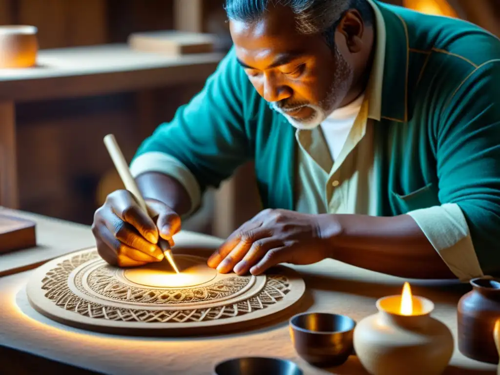 Un artesano hábil crea un artefacto tradicional, iluminado por luz natural cálida