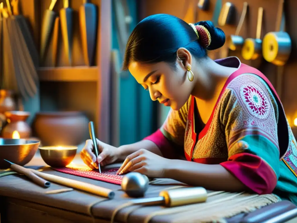 Artesano crea artesanía tradicional con materiales reciclados, rodeado de herramientas y textiles vibrantes en tonos cálidos y luz suave