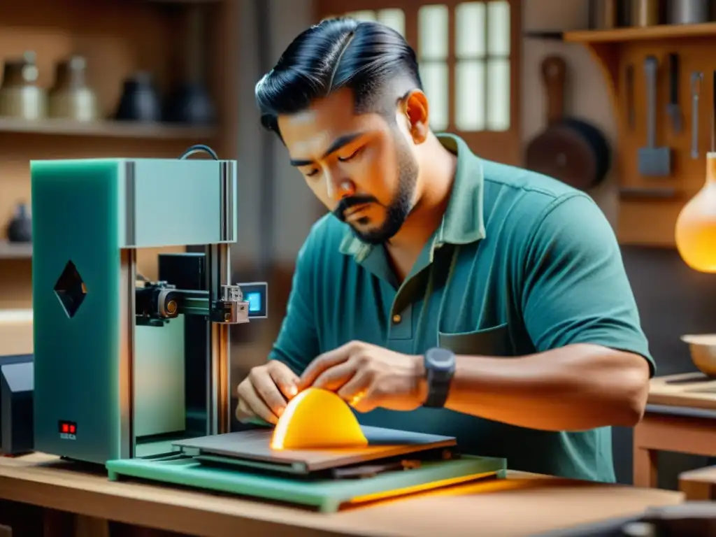 Artesano usando impresión 3D para artesanía tradicional en un taller iluminado