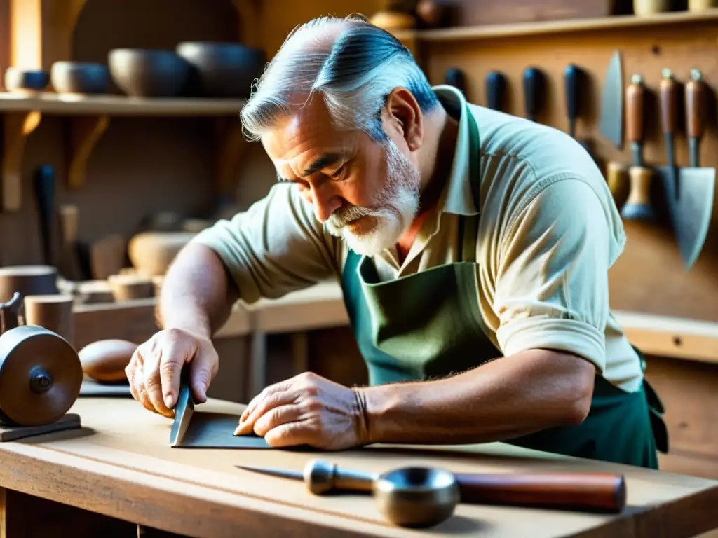 Un artesano hábil crea un artículo a mano en un taller vintage, con herramientas antiguas