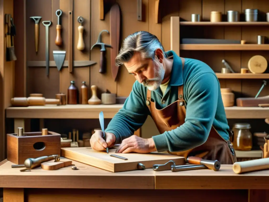 Un artesano trabaja en su banco de madera rodeado de herramientas y materiales, destacando la artesanía y dedicación