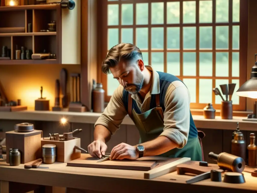 Un artesano trabajando con concentración en su banco de trabajo de madera, rodeado de herramientas y materiales, iluminado por una suave luz, creando una atmósfera artesanal