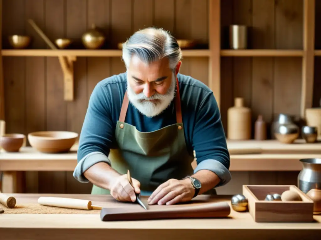 Artesano en banco de trabajo de madera, elaborando producto sostenible con tecnología digital y herramientas tradicionales