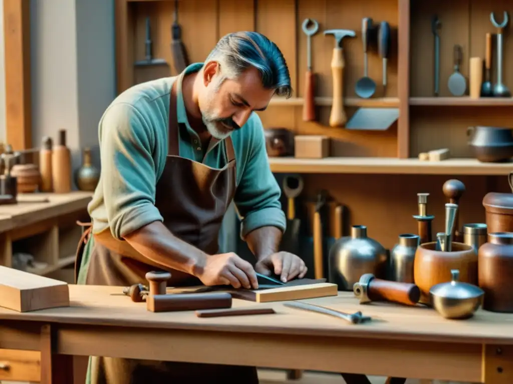 Un artesano trabajando en su banco de trabajo de madera, rodeado de herramientas y materiales