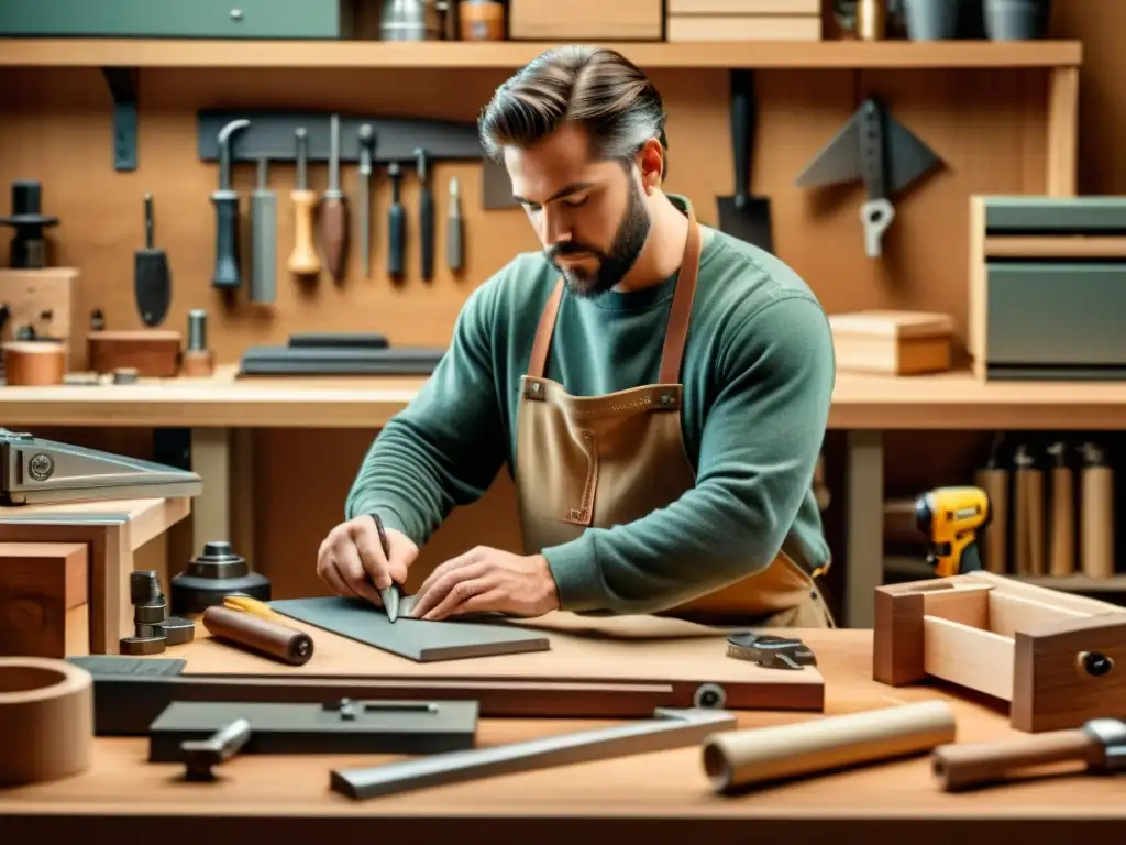 Un artesano trabaja en su banco de trabajo rodeado de herramientas, con una computadora en segundo plano mostrando un proceso de respaldo de datos