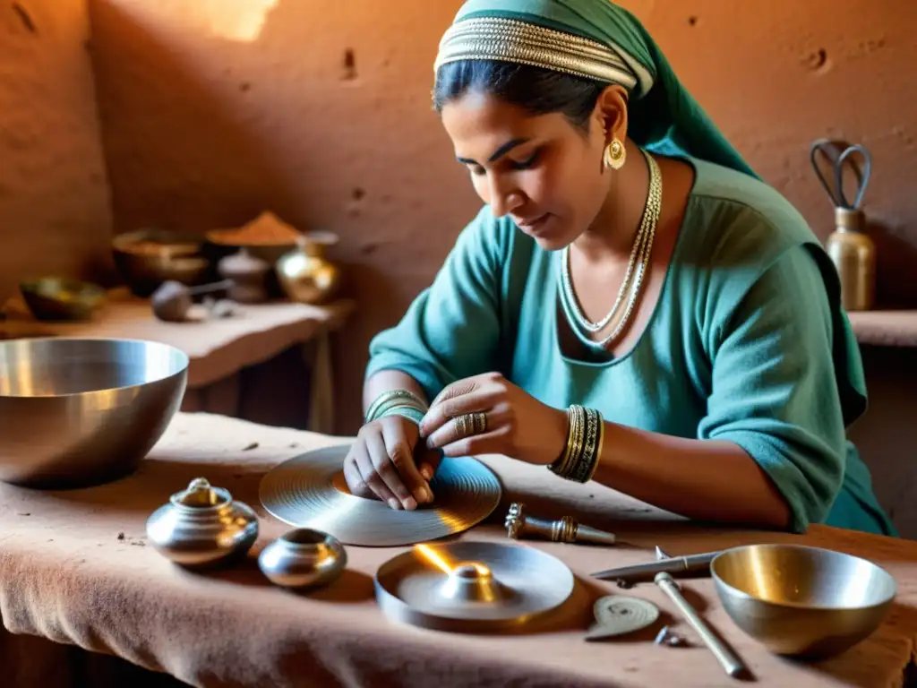 Un artesano bereber crea joyas de plata en su taller desierto, evocando la belleza ancestral de la platería bereber artesanal online