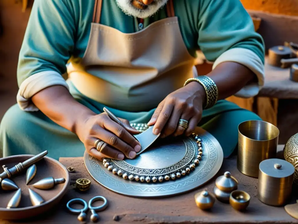 Un artesano bereber elabora joyería de plata en un taller tradicional, rodeado de herramientas vintage