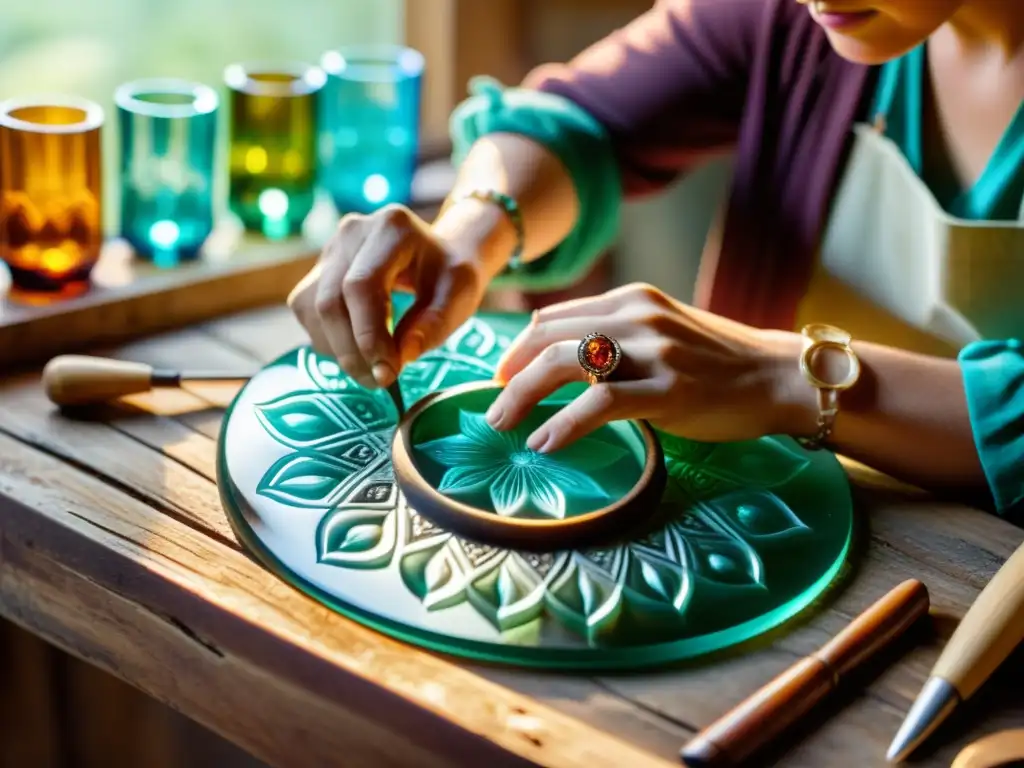 Un artesano bohemio talla delicados patrones florales en vidrio, iluminado por luz natural