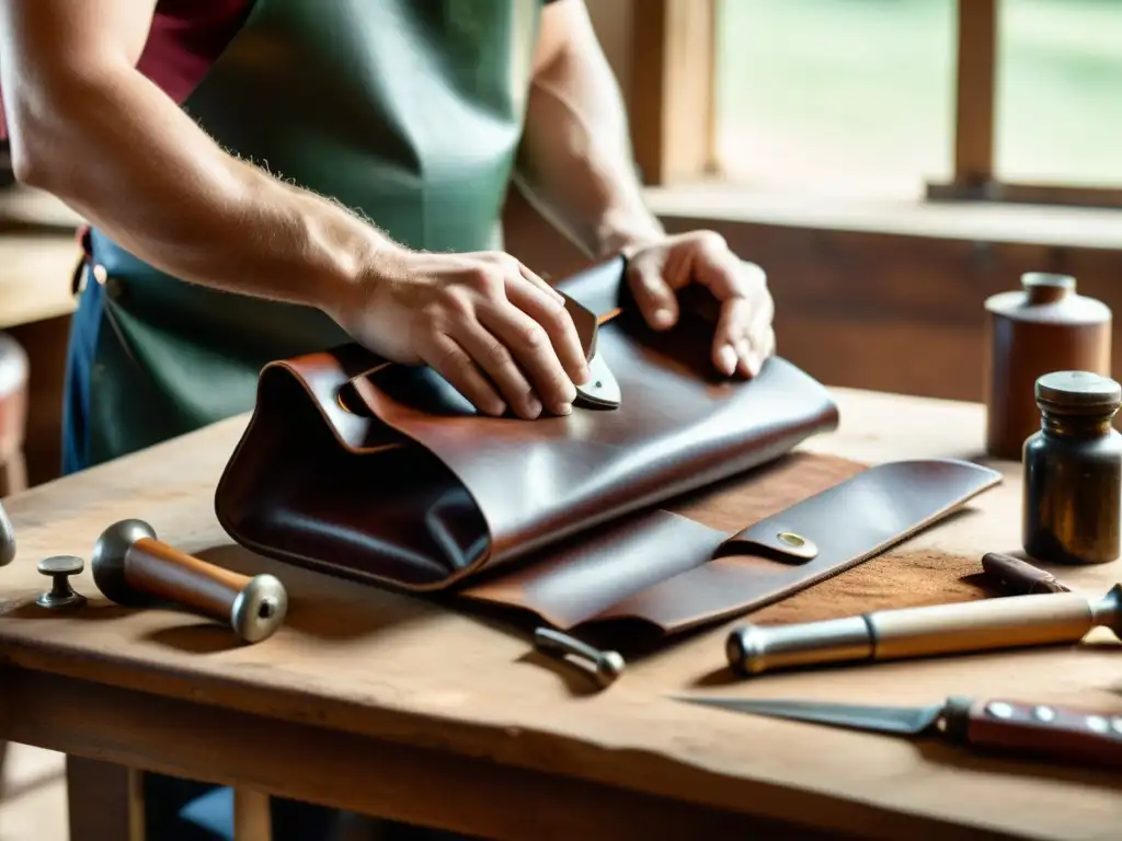 Artesano creando una bolsa de cuero con herramientas vintage Un artesano crea una bolsa de cuero con herramientas vintage en un banco de trabajo desgastado