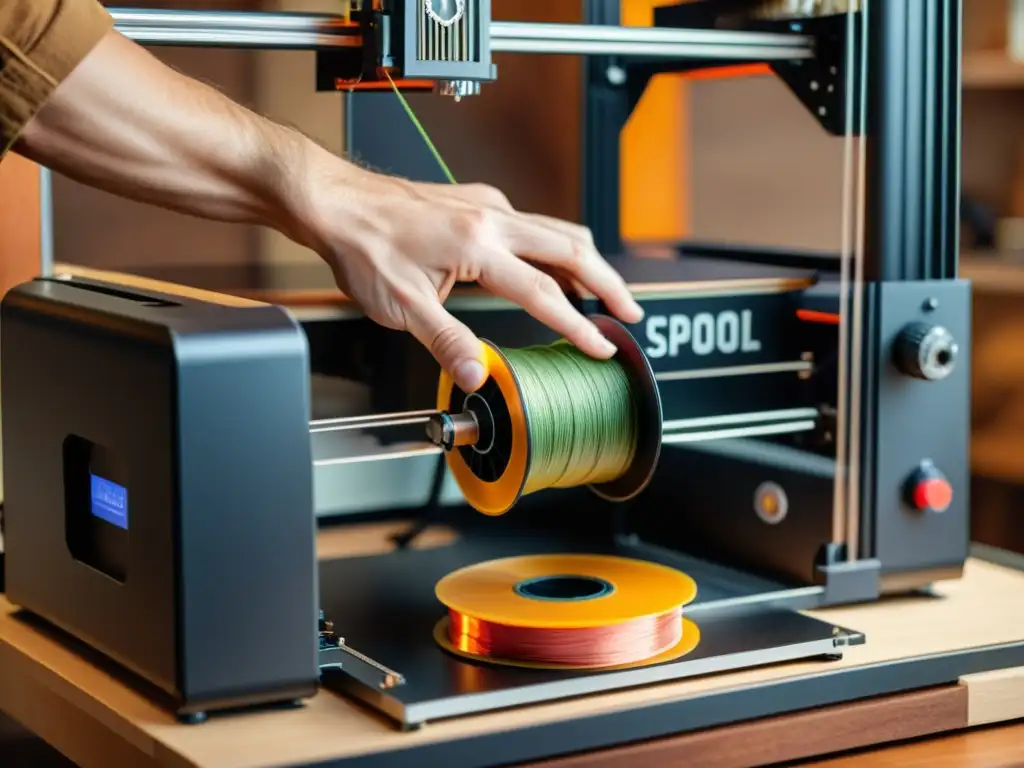Un artesano carga con cuidado filamento vegetal para impresión 3D, fusionando tradición artesanal con innovación digital