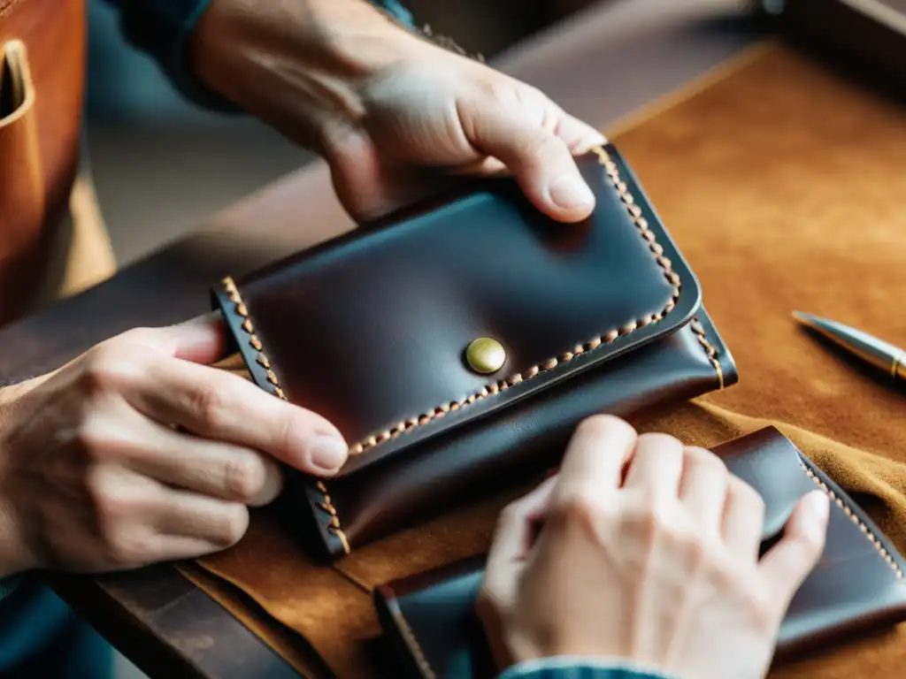 Un artesano crea una cartera de cuero con cuidado, destacando la atención a los detalles