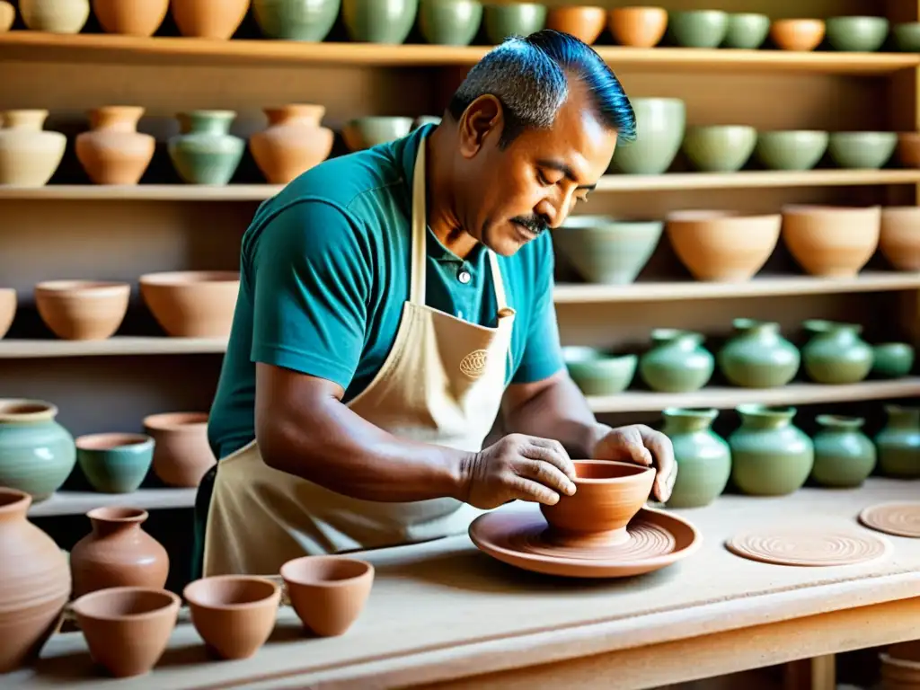 Artesano creando cerámica en ambiente cálido y tradicional, capturando la esencia de la artesanía tradicional en la era digital global