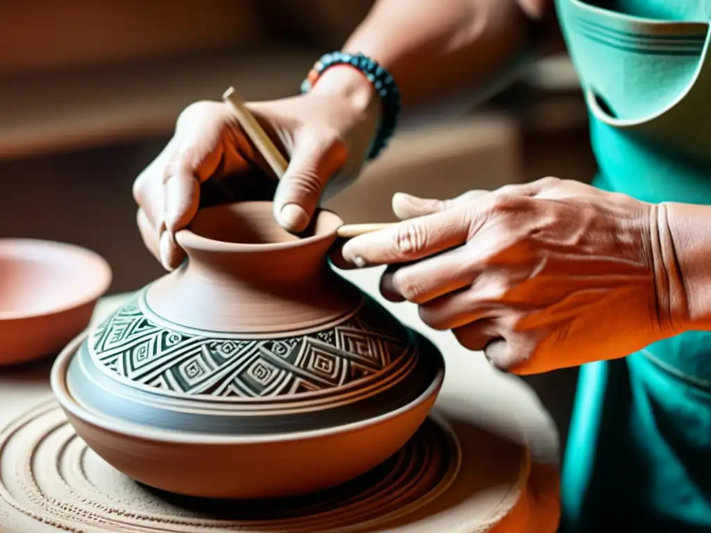 Artesano modelando cerámica: tradición y tecnología Un artesano modela cerámica con precisión, resaltando la artesanía tradicional
