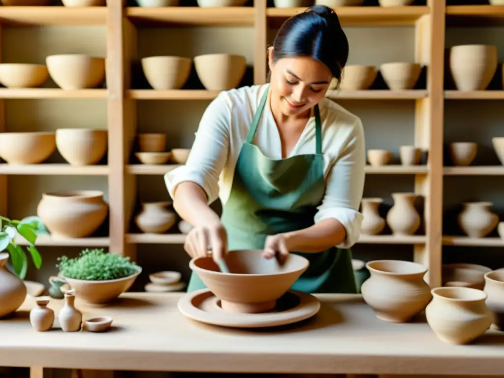 Un artesano moldea cerámica avanzada, rodeado de tradición y tecnología en un estudio verde y acogedor