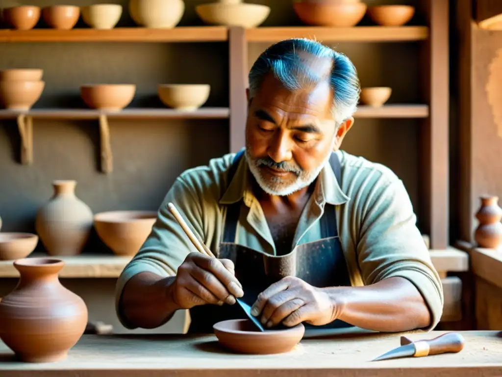 Artesano tallando cerámica en banco de madera con herramientas - Ruta digital artesanía tradicional