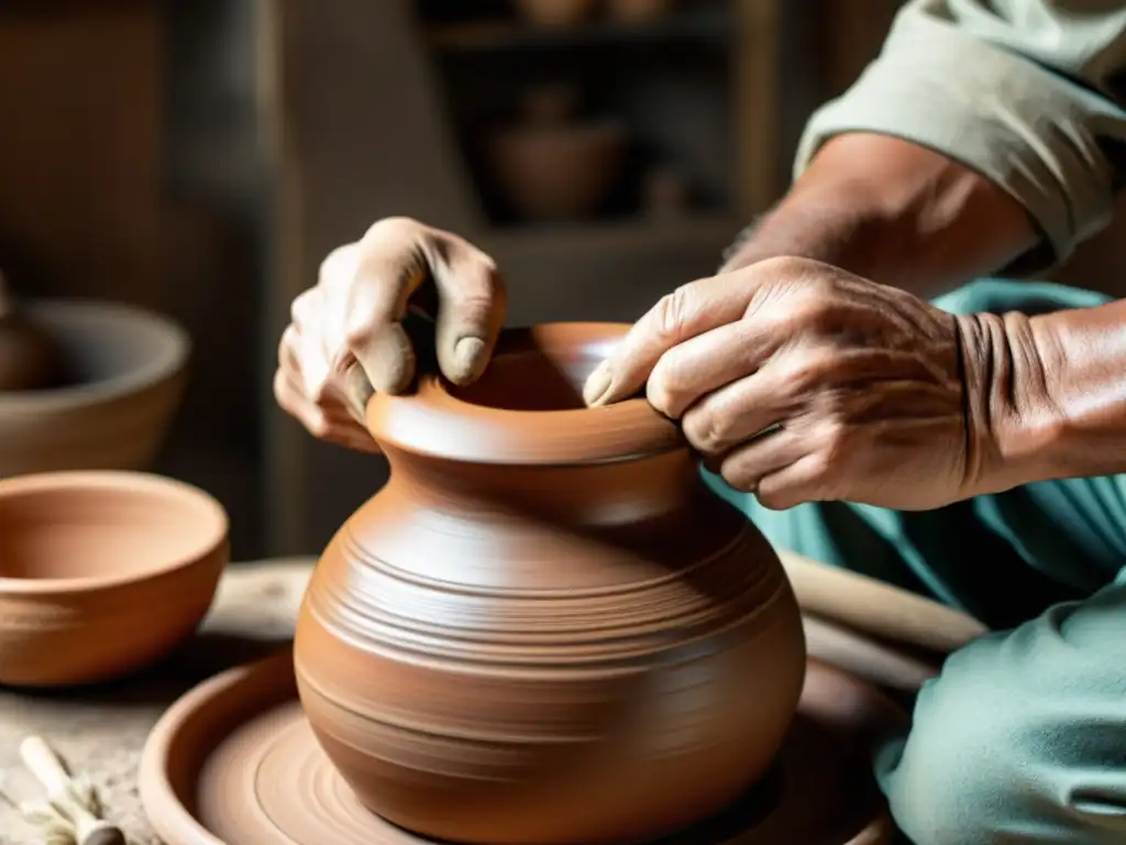 Un artesano crea cerámica con destreza, iluminado por luz natural