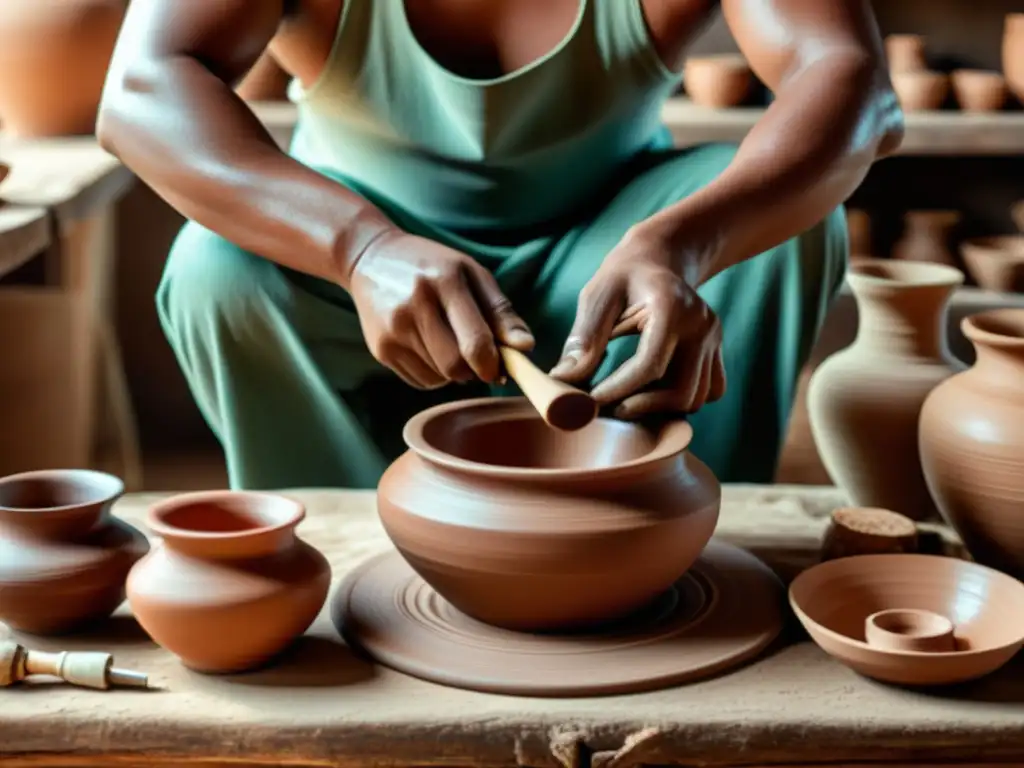 Artesano moldeando cerámica con destreza, rodeado de herramientas vintage