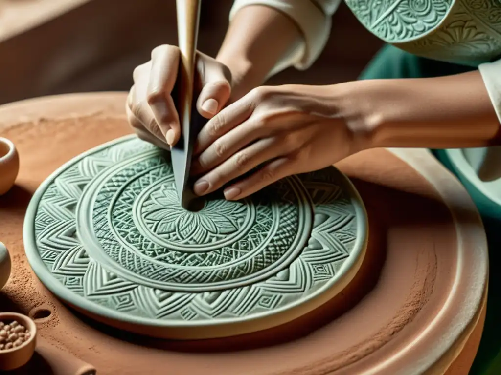 Un artesano modelando cerámica con destreza, rodeado de herramientas y piezas tradicionales