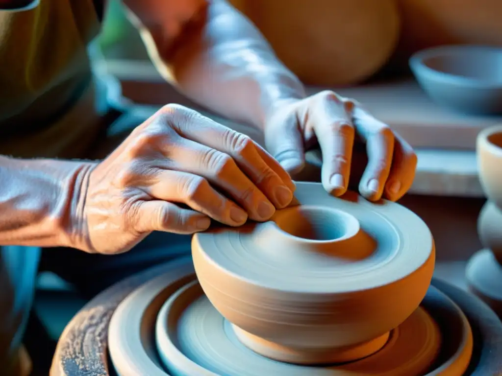 Un artesano moldea cerámica con destreza en un torno de madera, evocando la artesanía tradicional